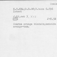 Index card with typed and handwritten information, sometimes including a sketch, of pottery from an excavation.