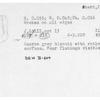 Index card with typed and handwritten information, sometimes including a sketch, of pottery from an excavation.