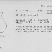Index card with typed and handwritten information, sometimes including a sketch, of pottery from an excavation.