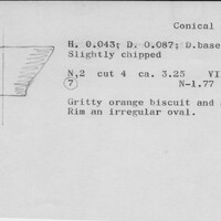 Index card with typed and handwritten information, sometimes including a sketch, of pottery from an excavation.