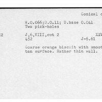 Index card with typed and handwritten information, sometimes including a sketch, of pottery from an excavation.