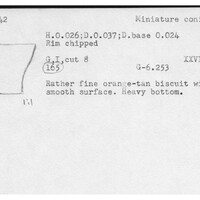 Index card with typed and handwritten information, sometimes including a sketch, of pottery from an excavation.