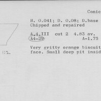 Index card with typed and handwritten information, sometimes including a sketch, of pottery from an excavation.