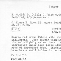 Index card with typed and handwritten information, sometimes including a sketch, of pottery from an excavation.