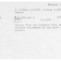 Index card with typed and handwritten information, sometimes including a sketch, of pottery from an excavation.