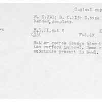 Index card with typed and handwritten information, sometimes including a sketch, of pottery from an excavation.