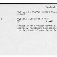 Index card with typed and handwritten information, sometimes including a sketch, of pottery from an excavation.