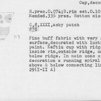 Index card with typed and handwritten information, sometimes including a sketch, of pottery from an excavation.