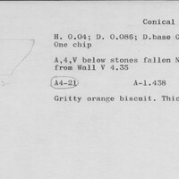 Index card with typed and handwritten information, sometimes including a sketch, of pottery from an excavation.