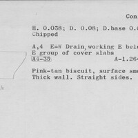 Index card with typed and handwritten information, sometimes including a sketch, of pottery from an excavation.