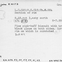 Index card with typed and handwritten information, sometimes including a sketch, of pottery from an excavation.