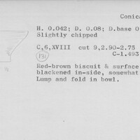 Index card with typed and handwritten information, sometimes including a sketch, of pottery from an excavation.