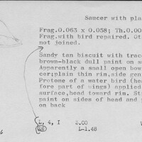 Index card with typed and handwritten information, sometimes including a sketch, of pottery from an excavation.