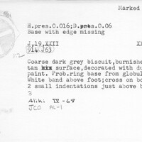 Index card with typed and handwritten information, sometimes including a sketch, of pottery from an excavation.