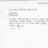 Index card with typed and handwritten information, sometimes including a sketch, of pottery from an excavation.