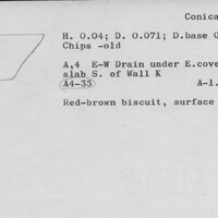 Index card with typed and handwritten information, sometimes including a sketch, of pottery from an excavation.