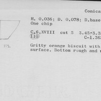 Index card with typed and handwritten information, sometimes including a sketch, of pottery from an excavation.