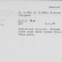 Index card with typed and handwritten information, sometimes including a sketch, of pottery from an excavation.