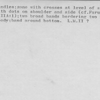 Index card with typed and handwritten information, sometimes including a sketch, of pottery from an excavation.
