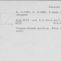 Index card with typed and handwritten information, sometimes including a sketch, of pottery from an excavation.