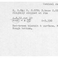 Index card with typed and handwritten information, sometimes including a sketch, of pottery from an excavation.