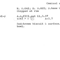 Index card with typed and handwritten information, sometimes including a sketch, of pottery from an excavation.