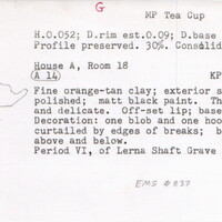 Index card with typed and handwritten information, sometimes including a sketch, of pottery from an excavation.