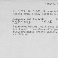 Index card with typed and handwritten information, sometimes including a sketch, of pottery from an excavation.
