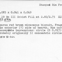 Index card with typed and handwritten information, sometimes including a sketch, of pottery from an excavation.