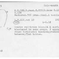 Index card with typed and handwritten information, sometimes including a sketch, of pottery from an excavation.