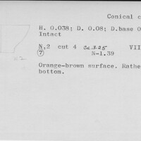 Index card with typed and handwritten information, sometimes including a sketch, of pottery from an excavation.