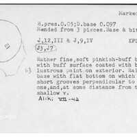 Index card with typed and handwritten information, sometimes including a sketch, of pottery from an excavation.