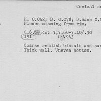 Index card with typed and handwritten information, sometimes including a sketch, of pottery from an excavation.