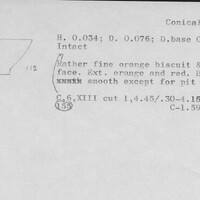Index card with typed and handwritten information, sometimes including a sketch, of pottery from an excavation.