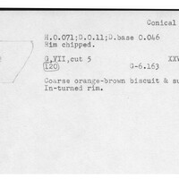 Index card with typed and handwritten information, sometimes including a sketch, of pottery from an excavation.