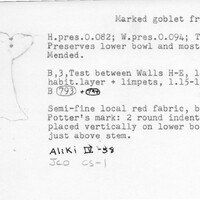 Index card with typed and handwritten information, sometimes including a sketch, of pottery from an excavation.