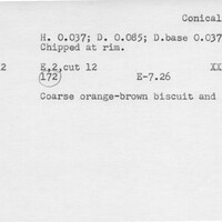Index card with typed and handwritten information, sometimes including a sketch, of pottery from an excavation.