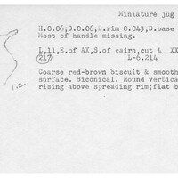 Index card with typed and handwritten information, sometimes including a sketch, of pottery from an excavation.
