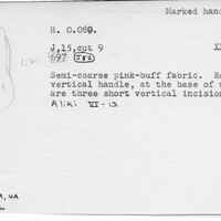 Index card with typed and handwritten information, sometimes including a sketch, of pottery from an excavation.