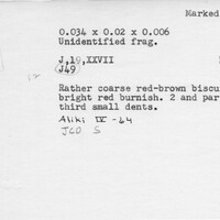 Index card with typed and handwritten information, sometimes including a sketch, of pottery from an excavation.