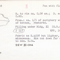 Index card with typed and handwritten information, sometimes including a sketch, of pottery from an excavation.