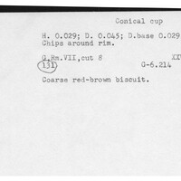 Index card with typed and handwritten information, sometimes including a sketch, of pottery from an excavation.