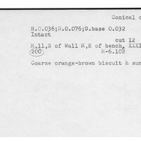 Index card with typed and handwritten information, sometimes including a sketch, of pottery from an excavation.