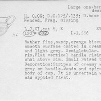Index card with typed and handwritten information, sometimes including a sketch, of pottery from an excavation.