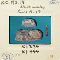 Photograph of two rocks with labels and measurement lines on a blue background, possibly from an educational or scientific context.