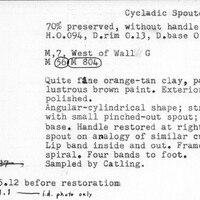 Index card with typed and handwritten information, sometimes including a sketch, of pottery from an excavation.
