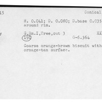 Index card with typed and handwritten information, sometimes including a sketch, of pottery from an excavation.