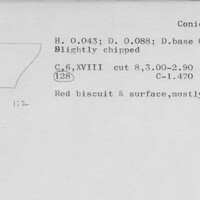 Index card with typed and handwritten information, sometimes including a sketch, of pottery from an excavation.