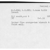 Index card with typed and handwritten information, sometimes including a sketch, of pottery from an excavation.