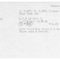 Index card with typed and handwritten information, sometimes including a sketch, of pottery from an excavation.